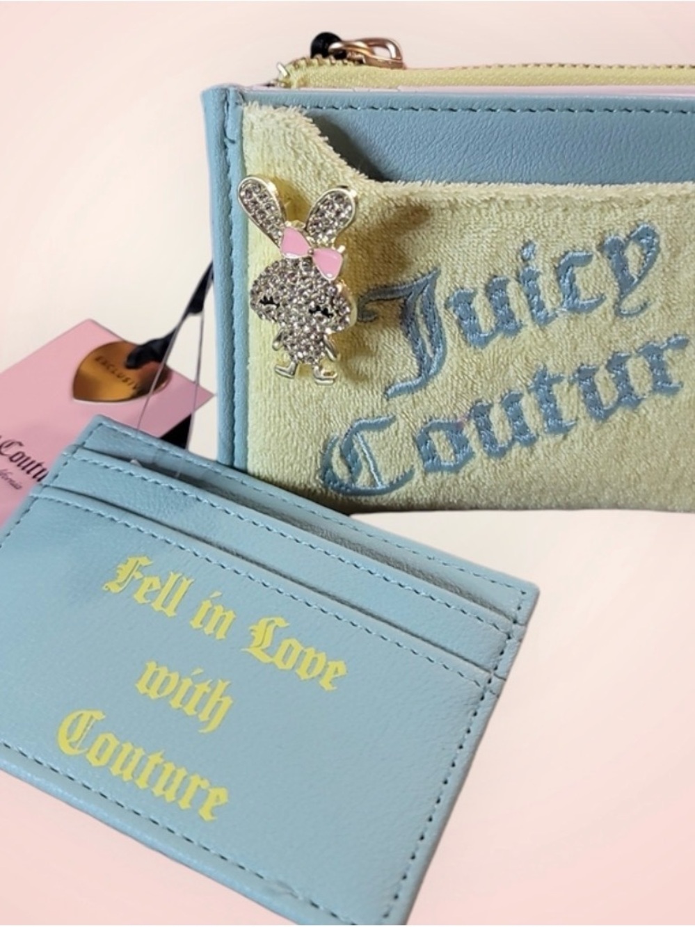 Juicy Couture Bi Fold Wallet Card Holder Set Pastel Yellow Blue NWT